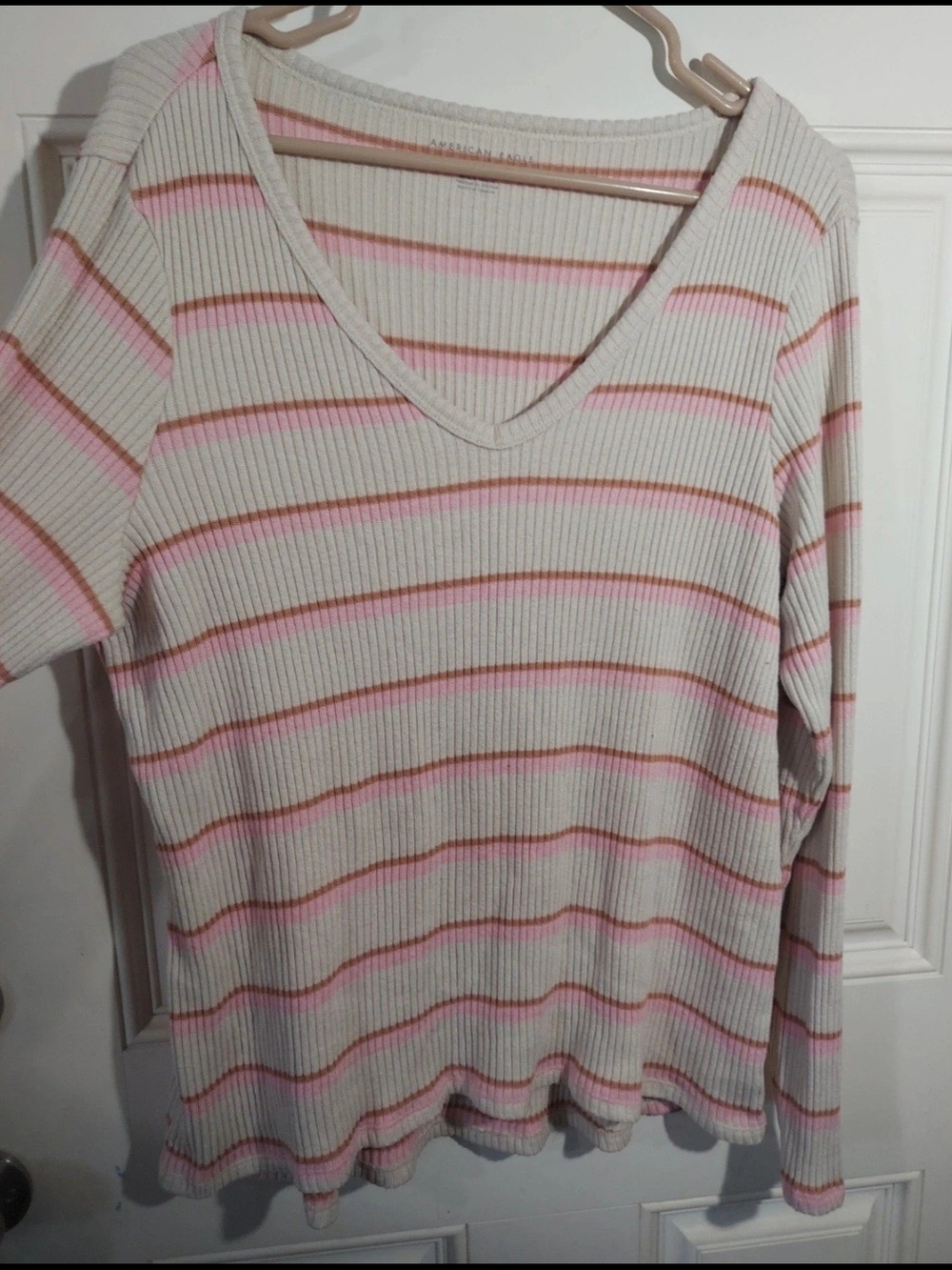 American Eagle Super Soft Ribbed V-Neck Top with Pink & Brown Stripes XL